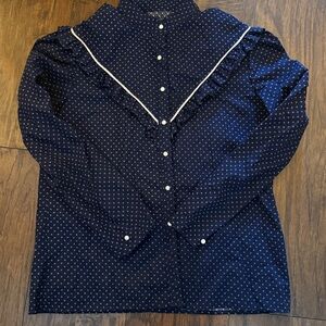 Navy Dotted Patterned Prairie Western Victorian High Collar Pearly Buttons